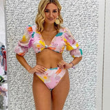 Bikinis And Shirt Set Puff sleeve Swimwear 2021 Bandeau Printed Swimsuit High Waist Bathing Suit Beachwear