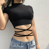 Zingj New Bottom Shirt Solid Color Sexy Hot Girl Tie Short-Sleeved T-Shirt Women's Clothing-Outfit