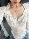 Fairy Sexy Crochet Grunge Blouse Women Pleated Slim Irregular Top Shirt Y2k Aesthetic All Mtach Blusas Streetwear De