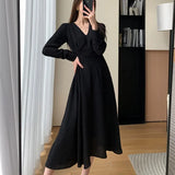 Women Autumn New Elegant Midi Black Dress Solid A Line Femme Fashion Office Lady Sping Clothing
