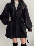 Puff Sleeve Belted Woolen Coat- Outfit