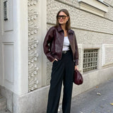 Burgundy Pu Leather Zipper Biker Jacket- Outfit