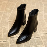 Zingj Boots Female 2023 Autumn And Winter New Korean Version Of Fashion Pointed Thick Heel Side Zipper Short Tube Fashion Pure Black Women's Boots-Outfit