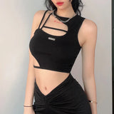 Zingj 2024 New Fashion Street Style Pure Color Asymmetrical Spicy Girl Hollow Out Short Small Vest Woman-Outfit