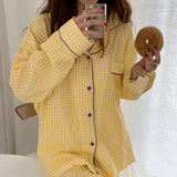 Cotton Women's Pajamas Korean Sleepwear Female 2 Piece Set Pijama Plaid Nightwear Autumn Pyjamas Home Clothes