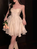 Elegant White Female Mini Dress 2022 Summer Party Festival Cute Sexy French Romantic Chiffon Spaghetti Starp Dress
