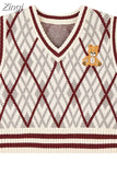 Style American Argyle Couples Pull Femme Tops Women V Neck Knitted Vest Y2k Long Sleeve Sweater Loose Bear