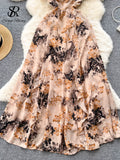 Fashion Chiffon Print Strap Dress Backless Crossed Frenulum Design Zipper High Quality France Vintage Women Long