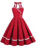 60s Women Pleated Dress Strapless Cotton Red Green Pink Elegant Sundress V Neck Robe Femme Pin Up Rockabilly Party