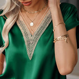 Lace Satin Blouse Loose Short Sleeve Women Tops Fashion 2023 Elegant Summer Casual Shirts Lady Simple Hollow Blusas