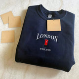 London Telephone Booth Embroidered Fleece Pullover- Outfit