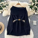 Zingj Fan High Sense Sweater 2024 Winter Belt Waist Versatile Shoulder Lapel Show Thin Chic Knit