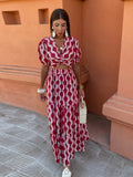 Elegant Print Ruffle Hem Maxi Dress For Women Fashion V-neck Puff Short Sleeve Hollow Out Robe 2024 Lady Vacation