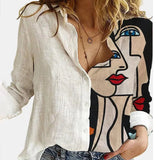 2021 Women Botton Vintage Polo-Neck Office Lady Spring Summer Loose Casual Cartoon Printing T-Shirt Long
