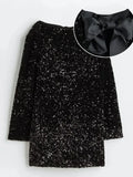 Women Rose Red Sequin Short Dress Fashion Long Sleeve Back Hollow Out Bowknot Dresses 2023 New Year Christmas Evening