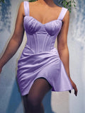Satin Fish Bone Ruched Mini Dress Women Robe Summer New Spaghetti Strap Sleeveless Backless Bodycon Club Party