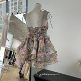 Summer Beautiful Age-Depered Printing Eugen Yarn Strap Shoulder Strap Ponpong Cake Dress Short