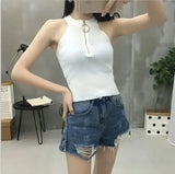 Summer Women Slim Knitting Off-shoulder Tank Crop Tops Female Knitted Camisole Cropped Sleeveless Short T-shirts