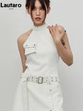Spring Summer Sleeveless White Crocodile Print Faux Leather Halter Dress Women with Belt Retro Runway Fashion