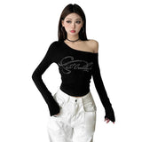 2025 New Women's Clothing Sexy Hot Girl Slanted Shoulder Hot Diamond Body Slim Thin Irregular Top