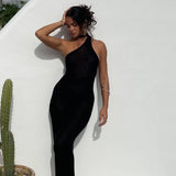 New Summer Sexy Seaside Holiday Solid-Colored Shoulder Bag Hips Long Dress