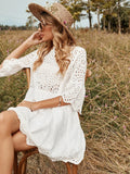 Elegant Embroidered Lace Dress White Female Splicing Dress Floral Hollow Out Loose Casual Party