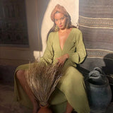 Women Boho Beach Maxi Dress Button Up Deep V Neck Full Sleeve Long Dress Fairy Grunge French Romance Holiday