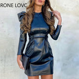 Women Solid PU Leather Long Puff Sleeves Round Neck A-line Dress Mini Working Black