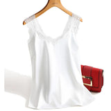 Satin Summer Tops White For Women 2021 V Neck Plus Size Sleeveless Lace Tank Tops Summer Female Silk Backless
