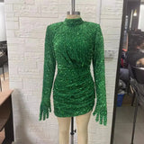 New Hot Green Sleeves Small High-Neck Dress Fashion Party Show