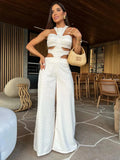 White Sexy Women Bodysuit Backless Round Neck Sleeveless Naked Waist Loose Mop Pants Jumpsuit Fashion Summer
