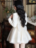 Elegant Mini White Dress Women Vintage Chic Bow Mesh Design Formal Dress Summer Casual Slim Birthday Evening Party