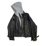New Autumn Women Streetwear Black Pu Faux Soft Leather Jacket Casual Female Fake 2 Piece Hooded Zipper Loose Biker