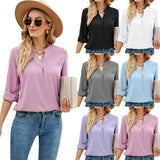 Zingj Women's Autumn And Winter New Solid Color Chiffon Shirt Loose V Collar Long-Sleeved Shirt-Outfit