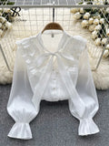 Bow Sweet Satin Loose Blouse Women Ruffles Long Sleeves Autumn Shirt Fashion Streetwear Korean y2k Vintage Top
