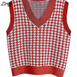 Loose sleeveless vest sweater 2021 autumn winter women's houndstooth knitted vest V-neck sleeveless pullover sweater