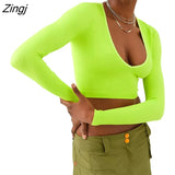 Women Spring Summer Ribbed Crop Top Long Sleeve U Neck Solid Color Slim Fit T-shirt 2023 Streetwear Black/White/Green/Rose