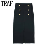 Black Long Skirts For Women Fashion 2023 Button Mid-Waist Midi Skirt With Slit Textured Summer Elegant Women's Skirts