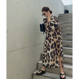 Women Lantern Sleeve V-neck Dress Sexy Leopard Print Mid-length Elegant Lady Party Dress New