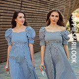 Sexy Square Collar Striped Midi Dresses Shot Puff Sleeve Summer Dresses Women Elegant A-line