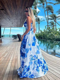 Summer Sexy Deep V Neck Maxi Dress Floral Print Sling Split Women Dress Beach Holiday A-line Long Dress Casual Tank Top