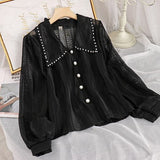 Sweet Peter Pan Collar Lace Hollow Casual Sweet Blouse Shirts Women Long Sleeve White Chemise Chic