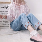 Women Strawberry Printed Patchwork Harajuku Elastic High Waist Ankle-length Jean Femme Womens Korean Style Kawaii