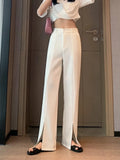 Women Casual Fashion Wide Leg Suit Pants Spring Summer Loose Female Floor-Length Split Suits Pants Ladies Trousers