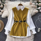 Zingj 2023 New Korean Version Of The Thin And Long Shirt With A Waist Knit Vest Two Sets Of Autumn And Winter Suit Women-Outfit