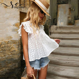 Women's Summer T-Shirt Hollow Out design Solid V-Neck Tops Casual Butterfly Sleeve