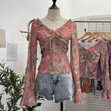 Vintage Print V-Neck Horn Sleeve Top Wooden Ear Lace With Short-Sleeved Long-Sleeved T-Shirt
