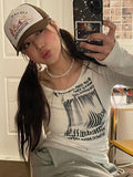 Retro Graffiti Print T Shirt Women Slim Crop Tops Long Sleeve Y2k Grunge Tops Streetwear America Tshirts Autumn