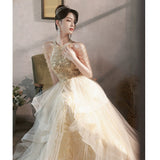 Champagne Evening Dress Female Banquet Temperament High Tuxeds Host High Sense Light Luxury Niche High-End Performance