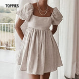 Summer Linen Dress Woman Vintage Puff Sleeve A Line Dresses High Waist Square Collar Mini Dress